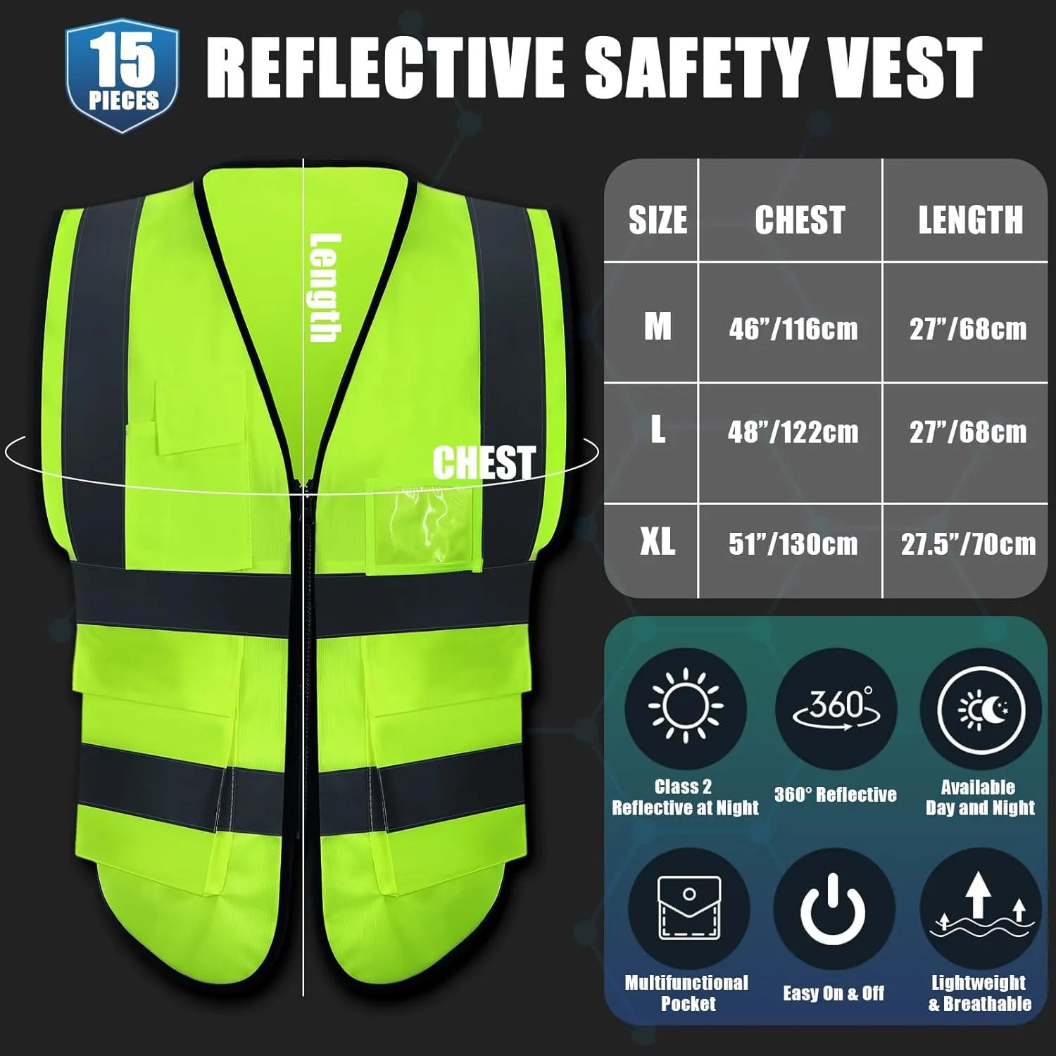 15 Pack Reflective Safety Vests with Pockets and Zipper Construction Work High Visibility Vest for Men Women(Medium,Fluorescent Green)