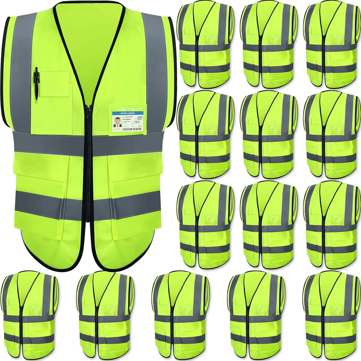 15 Pack Reflective Safety Vests with Pockets and Zipper Construction Work High Visibility Vest for Men Women(Medium,Fluorescent Green)