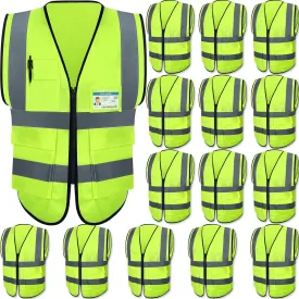 15 Pack Reflective Safety Vests with Pockets and Zipper Construction Work High Visibility Vest for Men Women(Medium,Fluorescent Green)