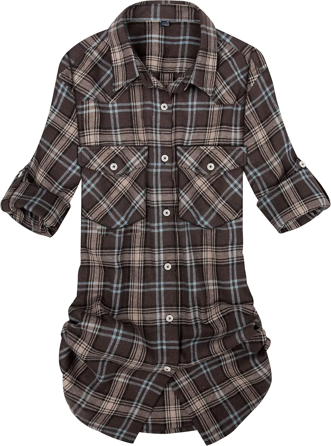 Alimens & Gentle Womens Plaid Flannel Shirts Long Sleeve Roll Up Casual Button Down Shirt