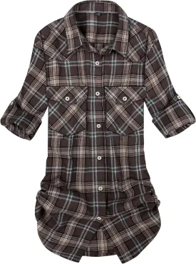Alimens & Gentle Womens Plaid Flannel Shirts Long Sleeve Roll Up Casual Button Down Shirt