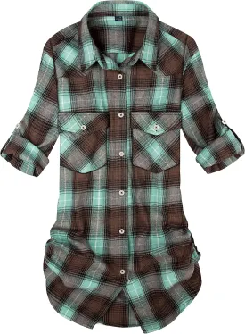 Alimens & Gentle Womens Plaid Flannel Shirts Long Sleeve Roll Up Casual Button Down Shirt