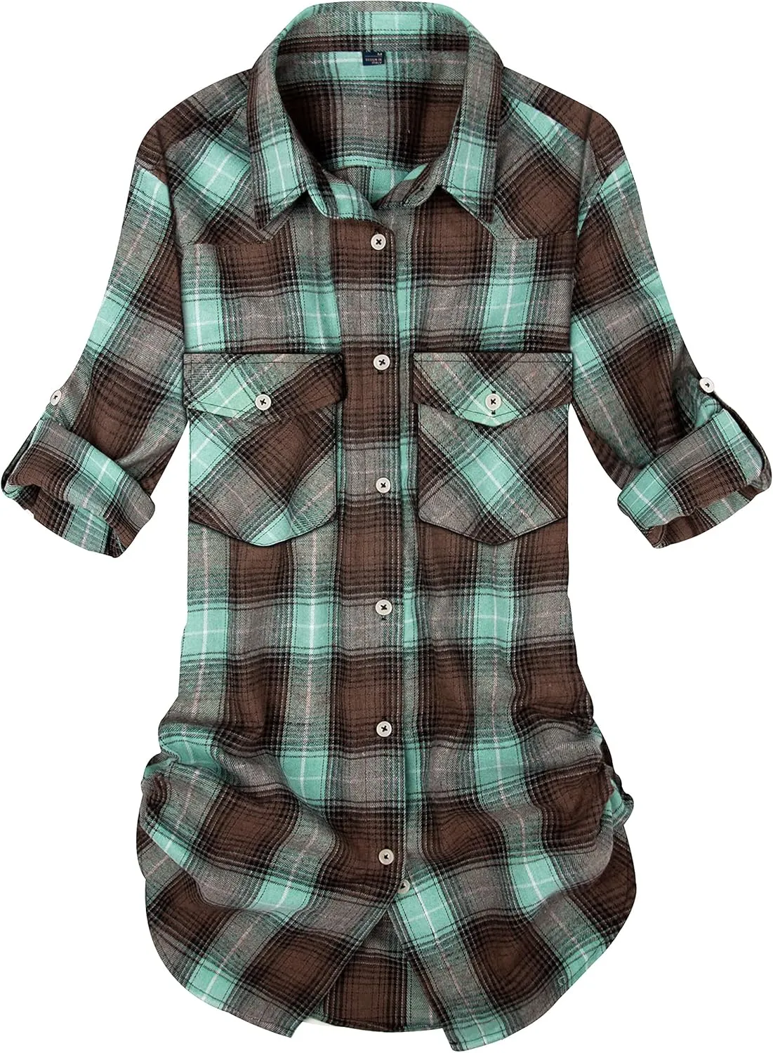 Alimens & Gentle Womens Plaid Flannel Shirts Long Sleeve Roll Up Casual Button Down Shirt