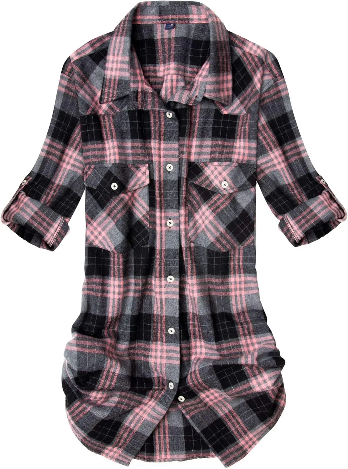 Alimens & Gentle Womens Plaid Flannel Shirts Long Sleeve Roll Up Casual Button Down Shirt