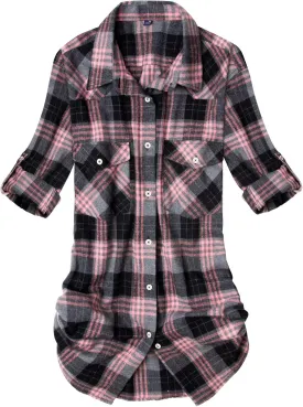 Alimens & Gentle Womens Plaid Flannel Shirts Long Sleeve Roll Up Casual Button Down Shirt