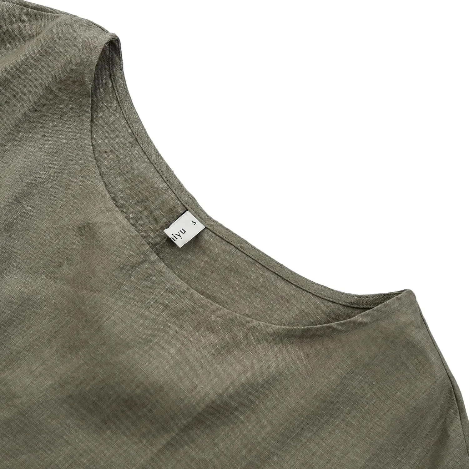 Amazhiyu Women's 100% Linen Summer Casual Crew Neck Midi Dresses with Pockets