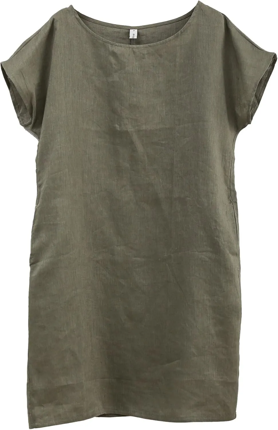 Amazhiyu Women's 100% Linen Summer Casual Crew Neck Midi Dresses with Pockets