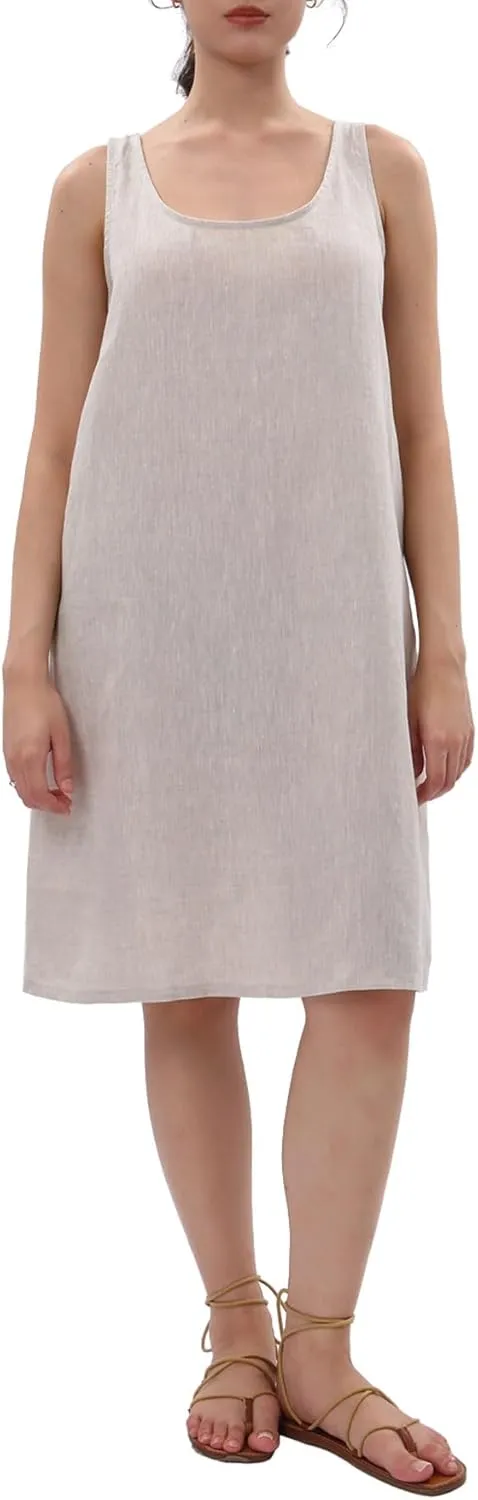 Amazhiyu Women's 100% Linen Summer Casual Sleeveless Midi Tank Dresses with Pockets