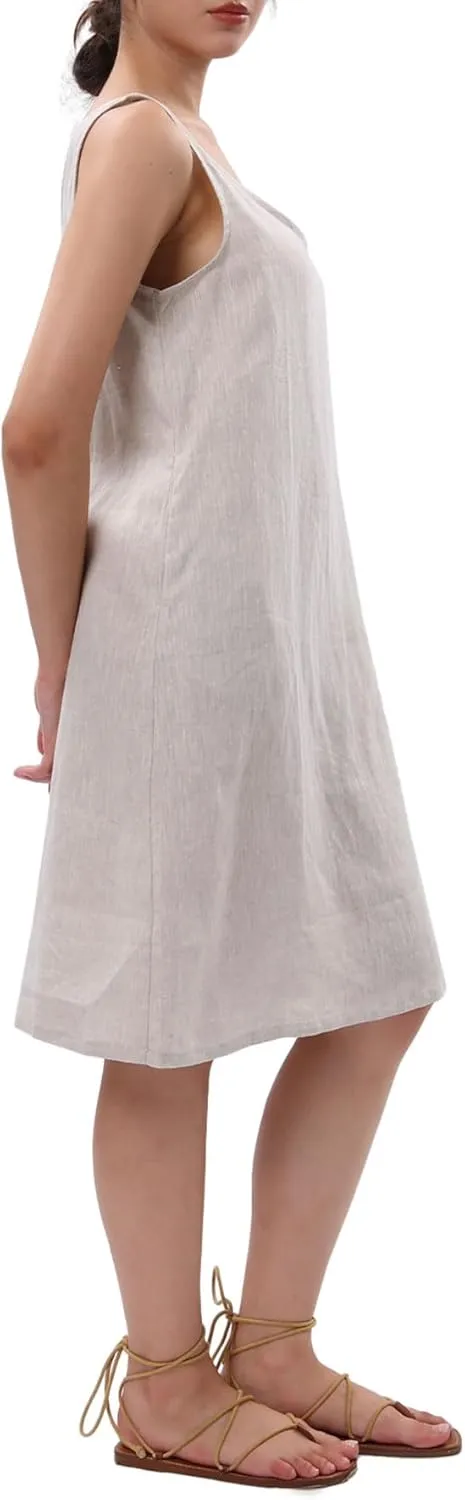 Amazhiyu Women's 100% Linen Summer Casual Sleeveless Midi Tank Dresses with Pockets