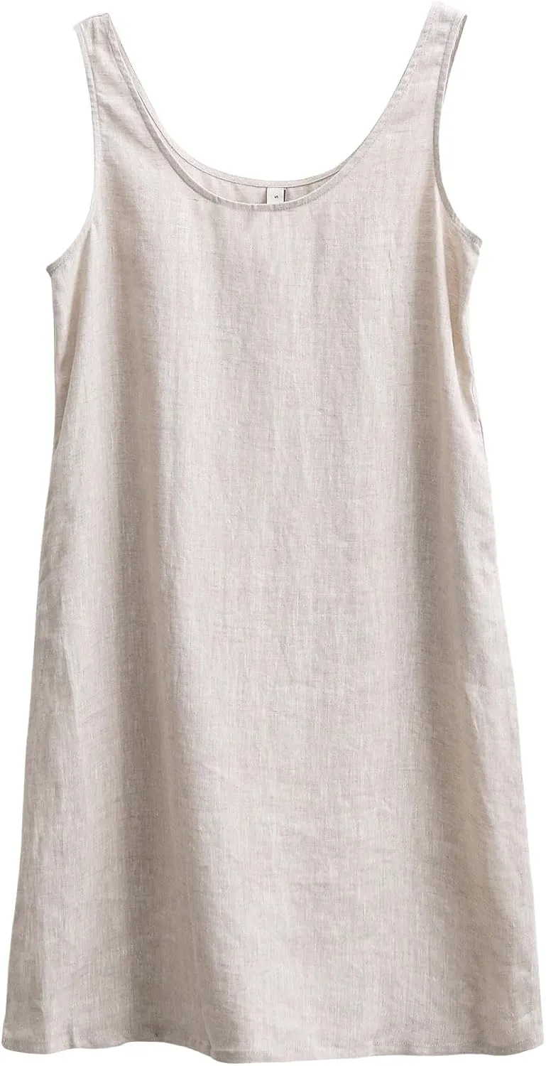 Amazhiyu Women's 100% Linen Summer Casual Sleeveless Midi Tank Dresses with Pockets