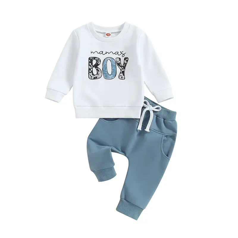 Baby mama's Boys Letter Print Top and Elastic Pants Set