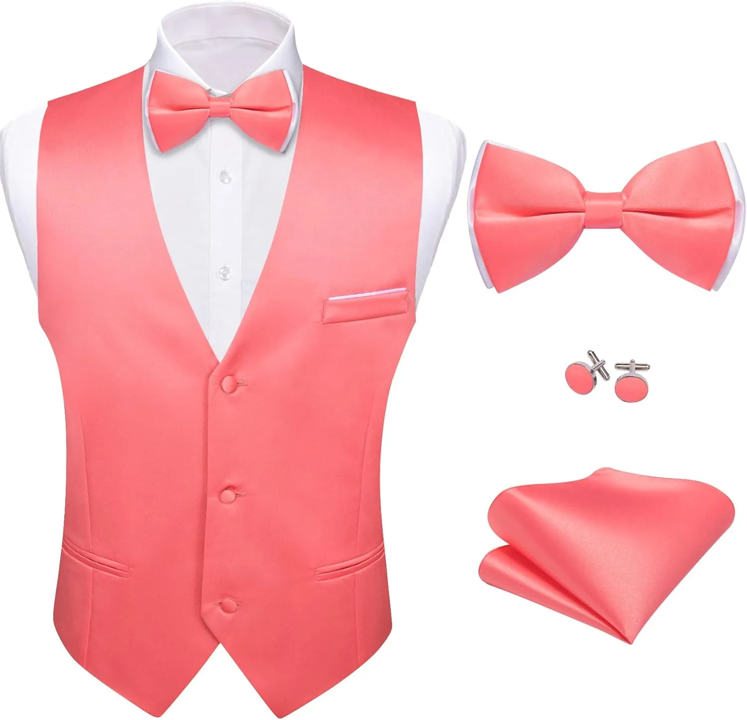 Barry.Wang Mens Suit Vest Bow Tie Set 4PCS Formal V-neck Slim Fit Casual Solid Color Waistcoat Wedding Party Tuxedo