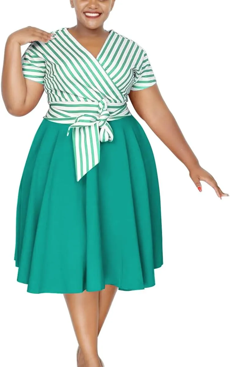 BFFBABY Plus Size Dress A Line Stripe Midi Dresses for Women Summer Short Sleeve Casual Belted