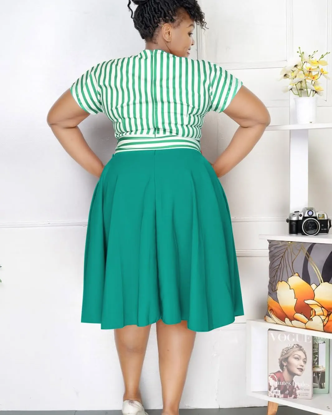 BFFBABY Plus Size Dress A Line Stripe Midi Dresses for Women Summer Short Sleeve Casual Belted