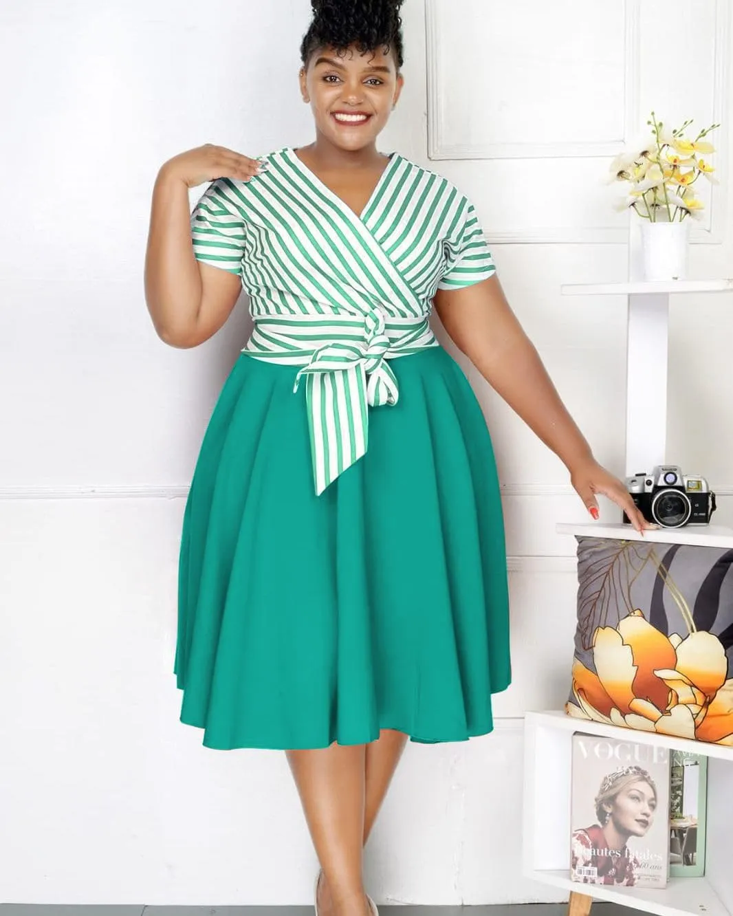 BFFBABY Plus Size Dress A Line Stripe Midi Dresses for Women Summer Short Sleeve Casual Belted
