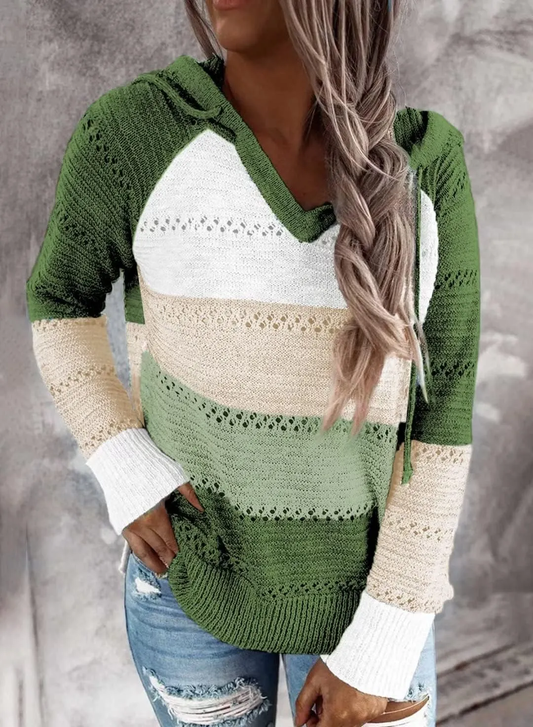 BLENCOT Women Color Block Hooded Crochet Striped Sweaters Lightweight Drawstring Hoodies Pullover Trendy Sweatshirts