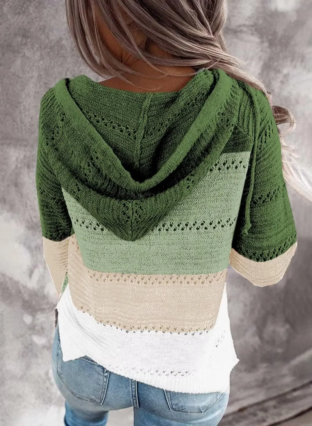 BLENCOT Women Color Block Hooded Crochet Striped Sweaters Lightweight Drawstring Hoodies Pullover Trendy Sweatshirts