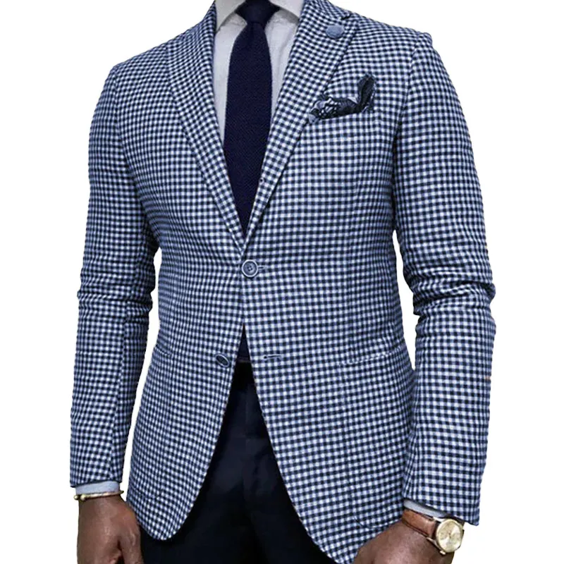 Business Casual Notch Lapel Chest Pocket Single Breasted Plaid Blazer 250199964