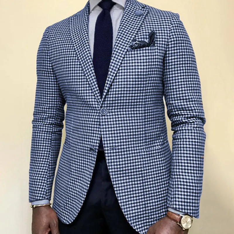 Business Casual Notch Lapel Chest Pocket Single Breasted Plaid Blazer 250199964