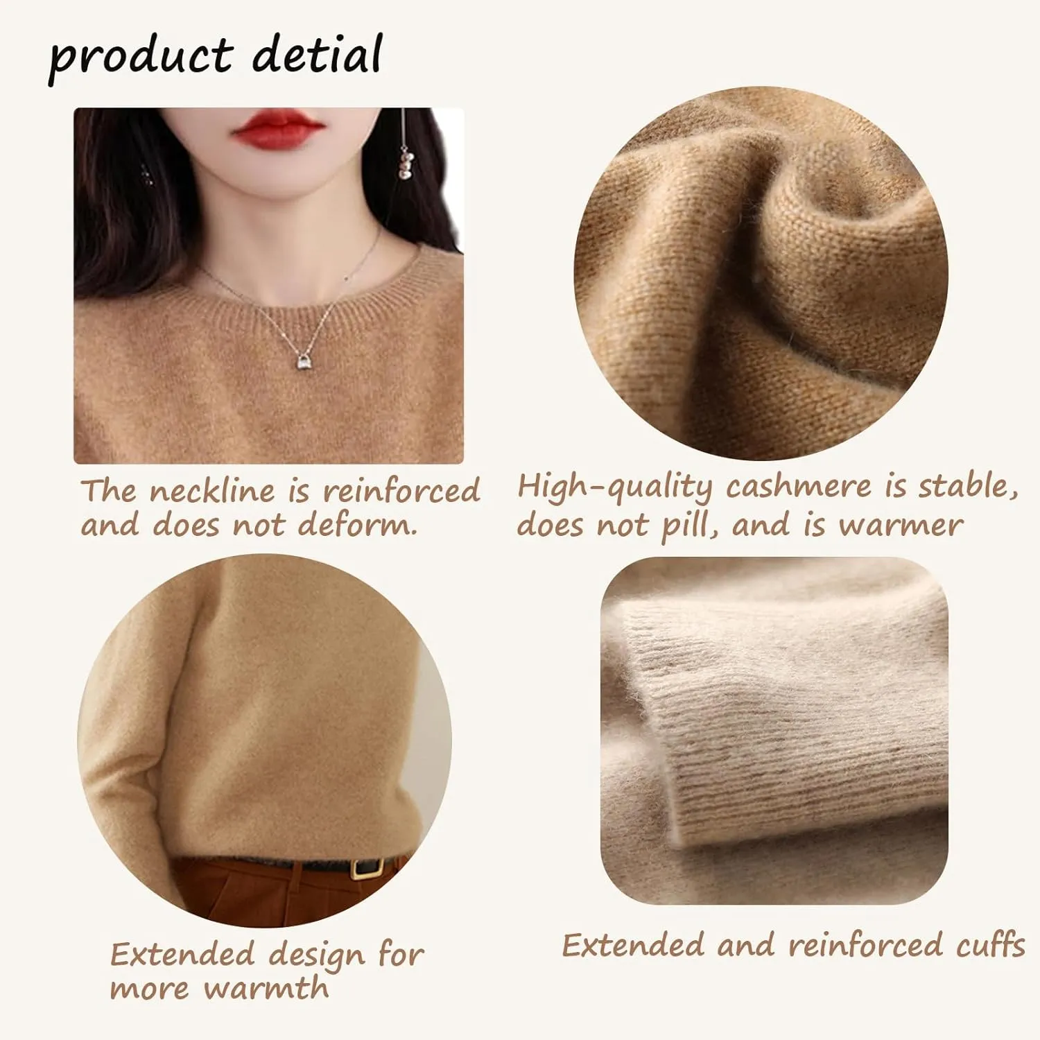 Cashmere Sweaters for Women, 100% Cashmere Women Soft Long Sleeve Neck Knitted Pullover Sweater