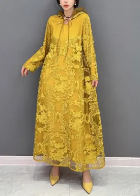 Chic Yellow Embroideried Neck Tie Tulle Maxi Dresses Long Sleeve