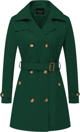 Chrisuno Women's Double Breasted Trench Coats Mid-Length Belted Overcoat Long Dress Jacket with Detachable Hood