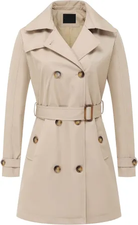Chrisuno Women's Double Breasted Trench Coats Mid-Length Belted Overcoat Long Dress Jacket with Detachable Hood