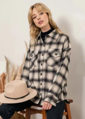 Crisp Night, Over Size, Plaid Shacket, Taupe and Black Plaid
