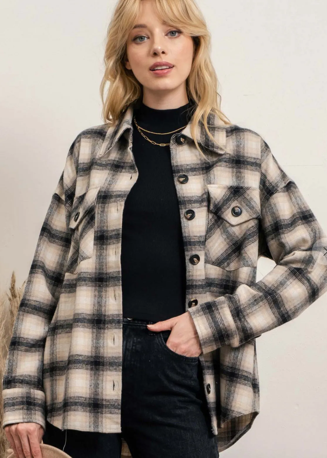 Crisp Night, Over Size, Plaid Shacket, Taupe and Black Plaid