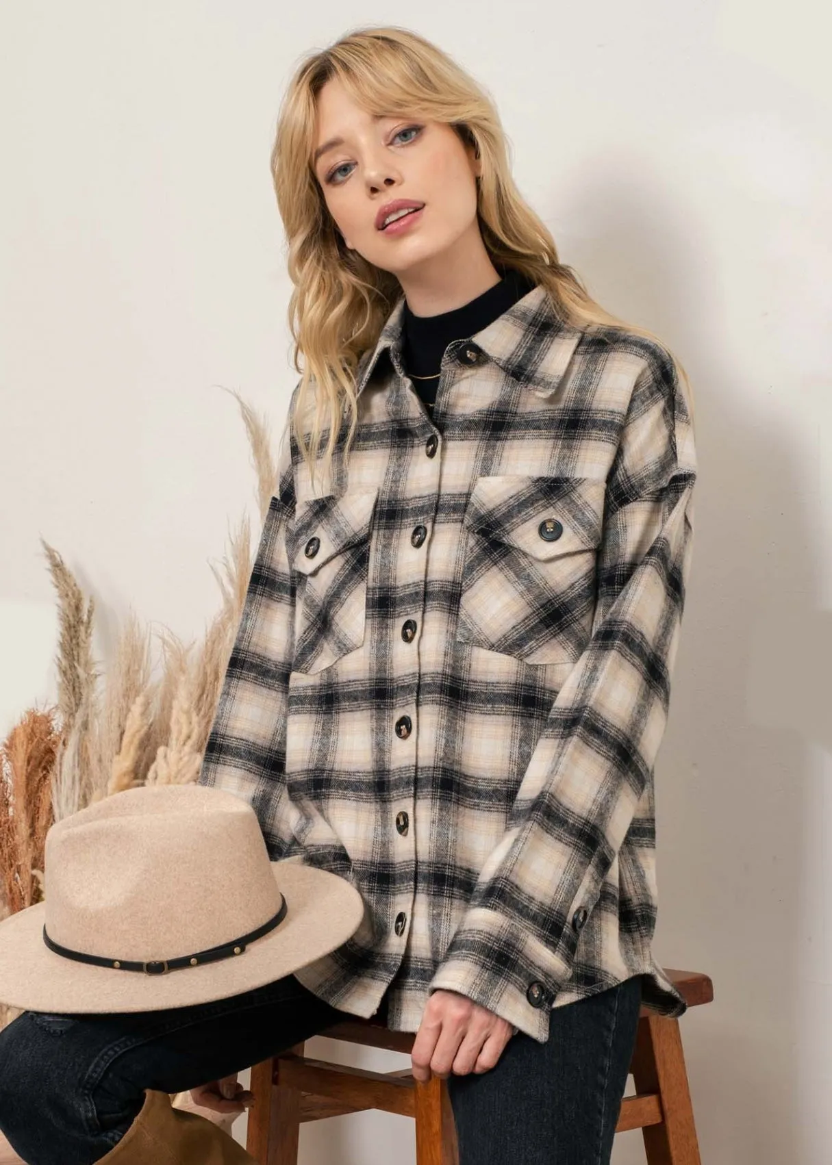 Crisp Night, Over Size, Plaid Shacket, Taupe and Black Plaid