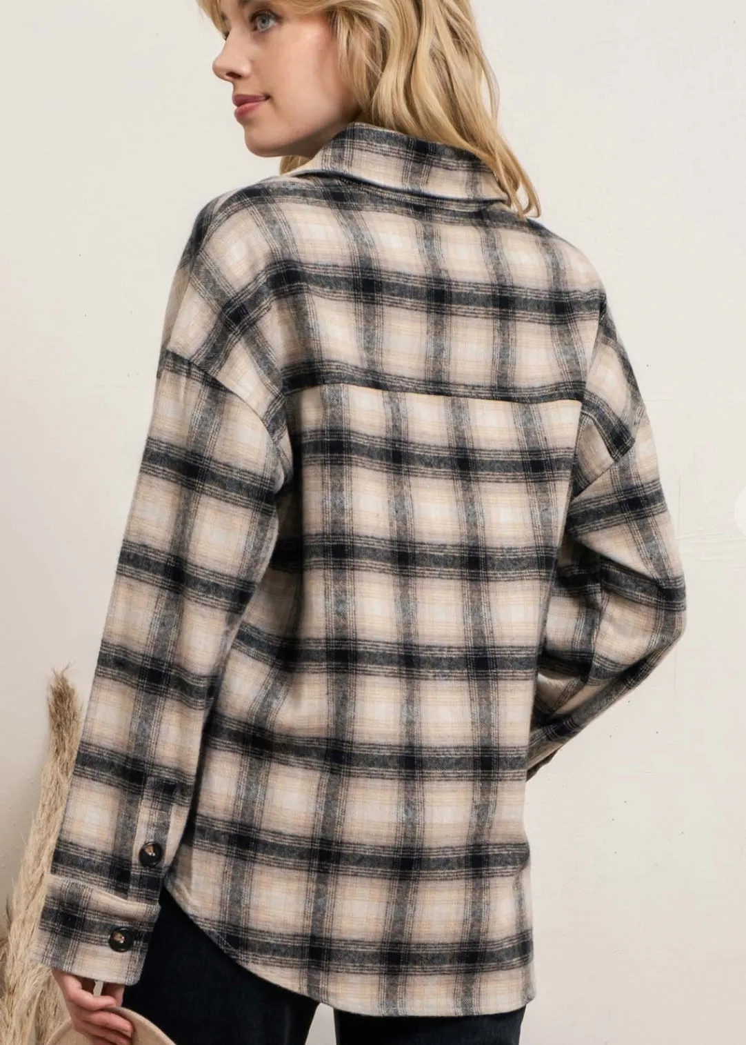 Crisp Night, Over Size, Plaid Shacket, Taupe and Black Plaid