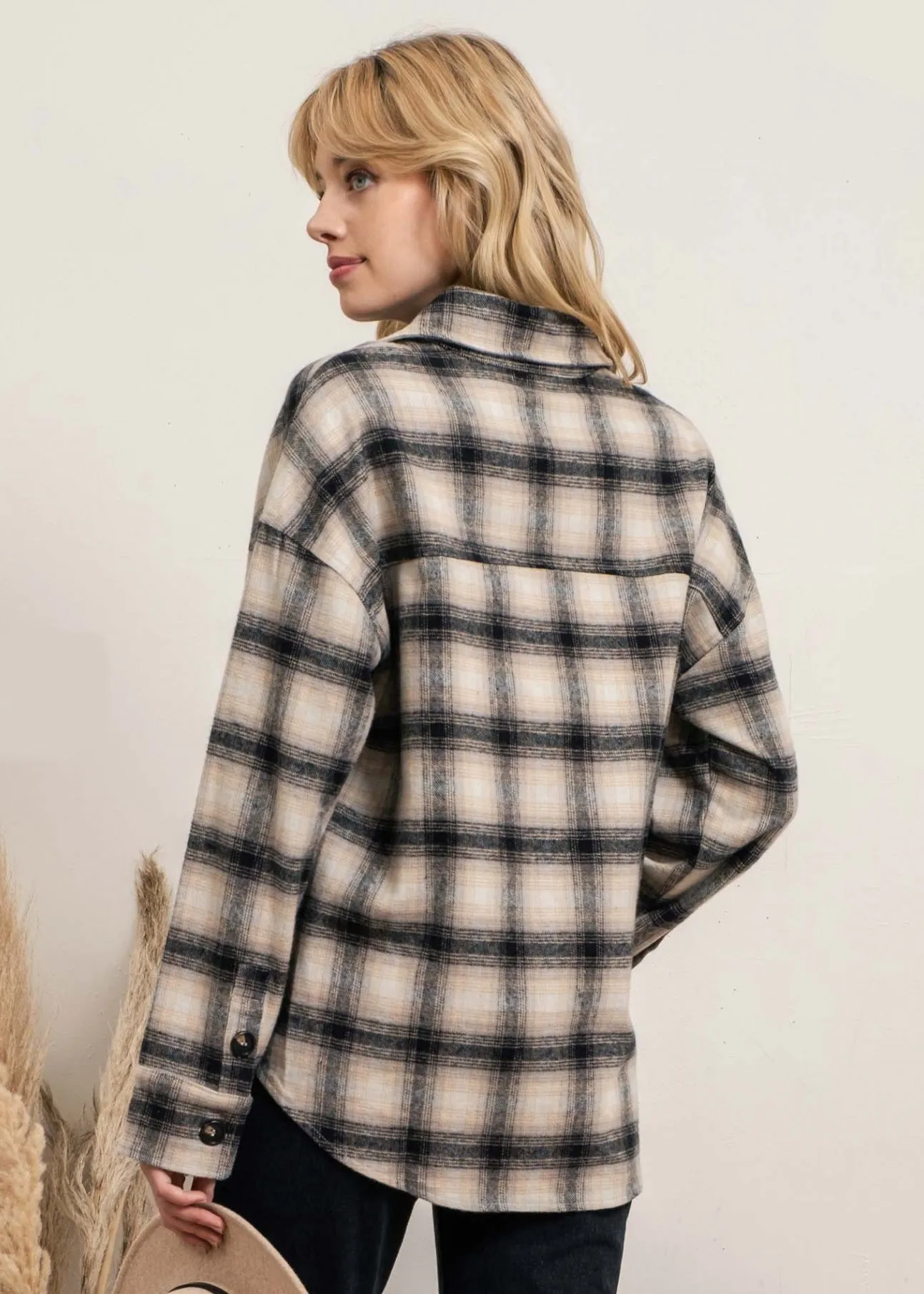 Crisp Night, Over Size, Plaid Shacket, Taupe and Black Plaid