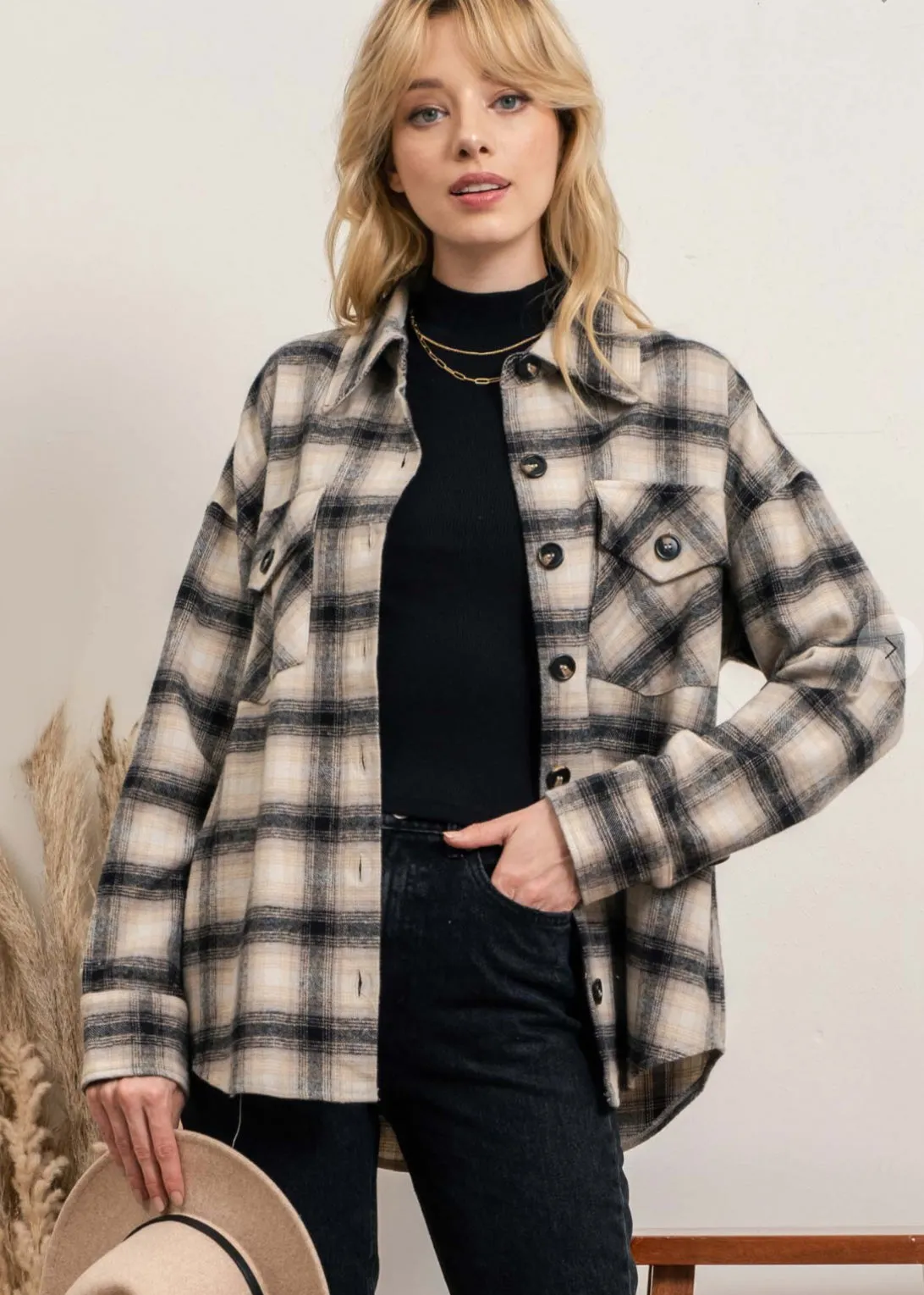 Crisp Night, Over Size, Plaid Shacket, Taupe and Black Plaid