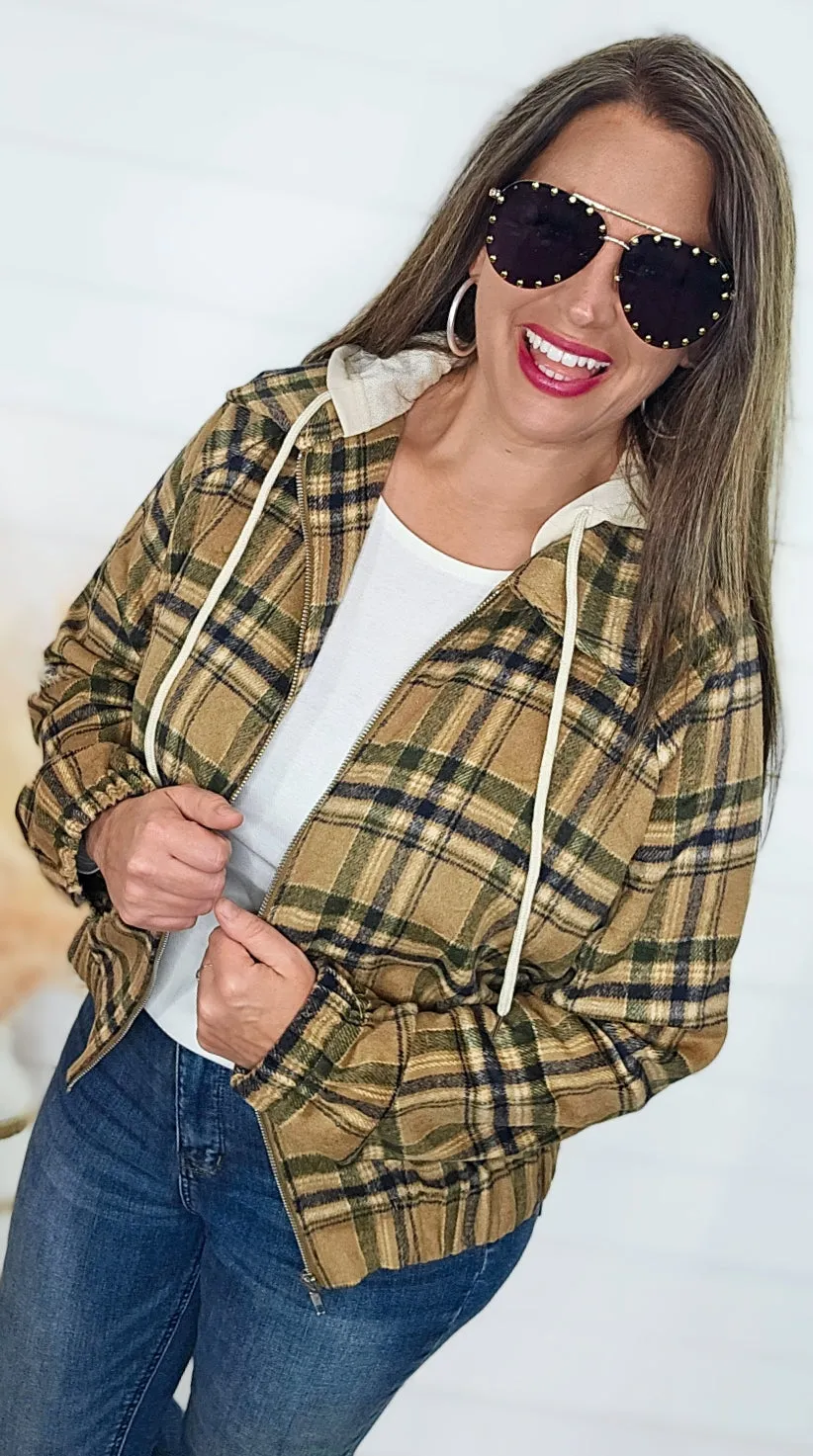 DK MUSTARD/OLIVE ZIP UP PLAID HOODED JACKET