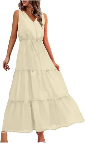 DOLKFU Womens Summer Dresses V Neck Trendy Flower Graphic Print Sundress Sleeveless Flowy Elegant Tiered Long Dresses