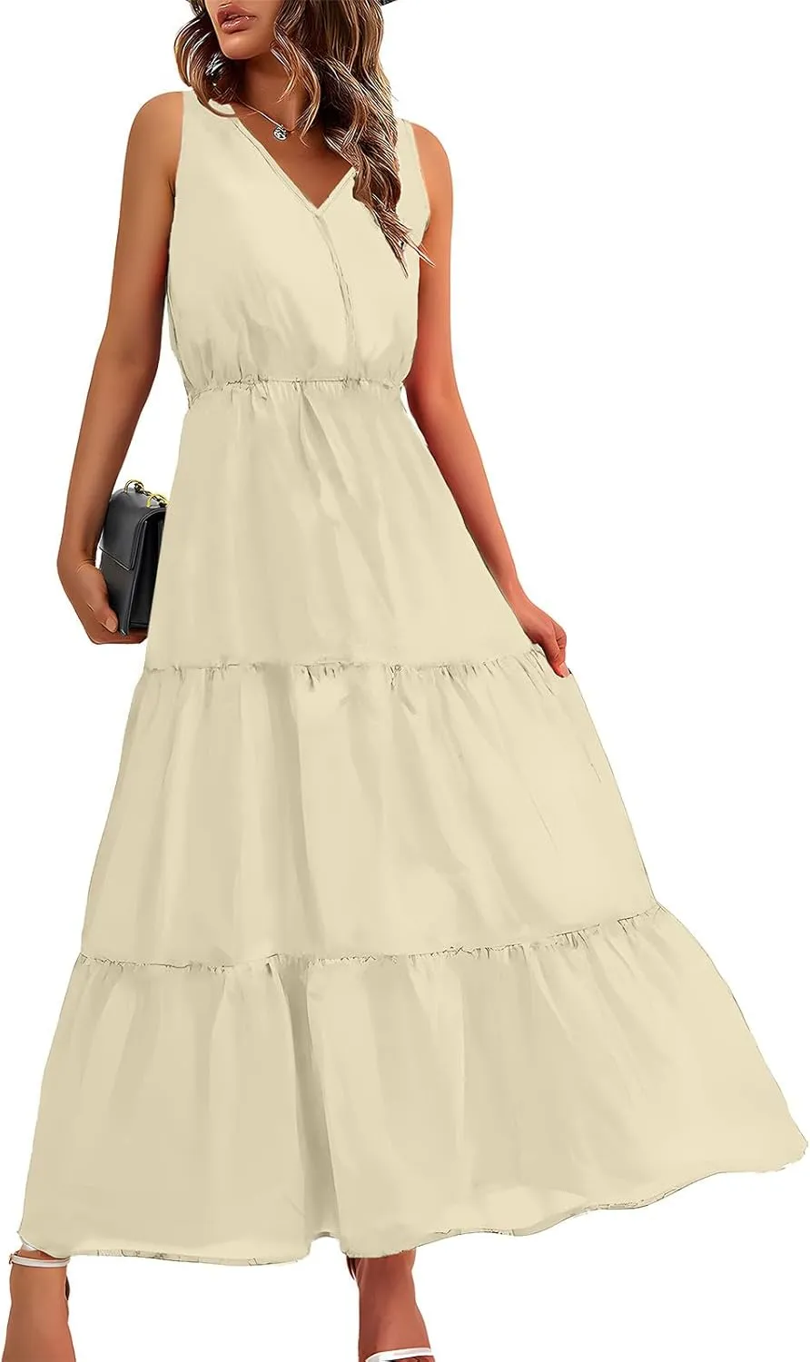 DOLKFU Womens Summer Dresses V Neck Trendy Flower Graphic Print Sundress Sleeveless Flowy Elegant Tiered Long Dresses