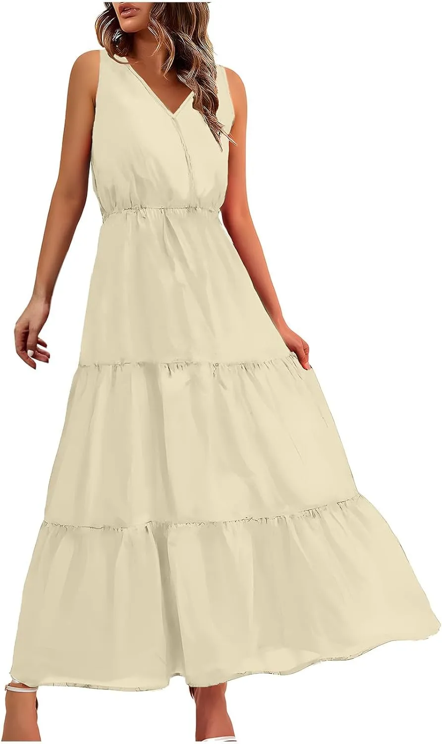 DOLKFU Womens Summer Dresses V Neck Trendy Flower Graphic Print Sundress Sleeveless Flowy Elegant Tiered Long Dresses