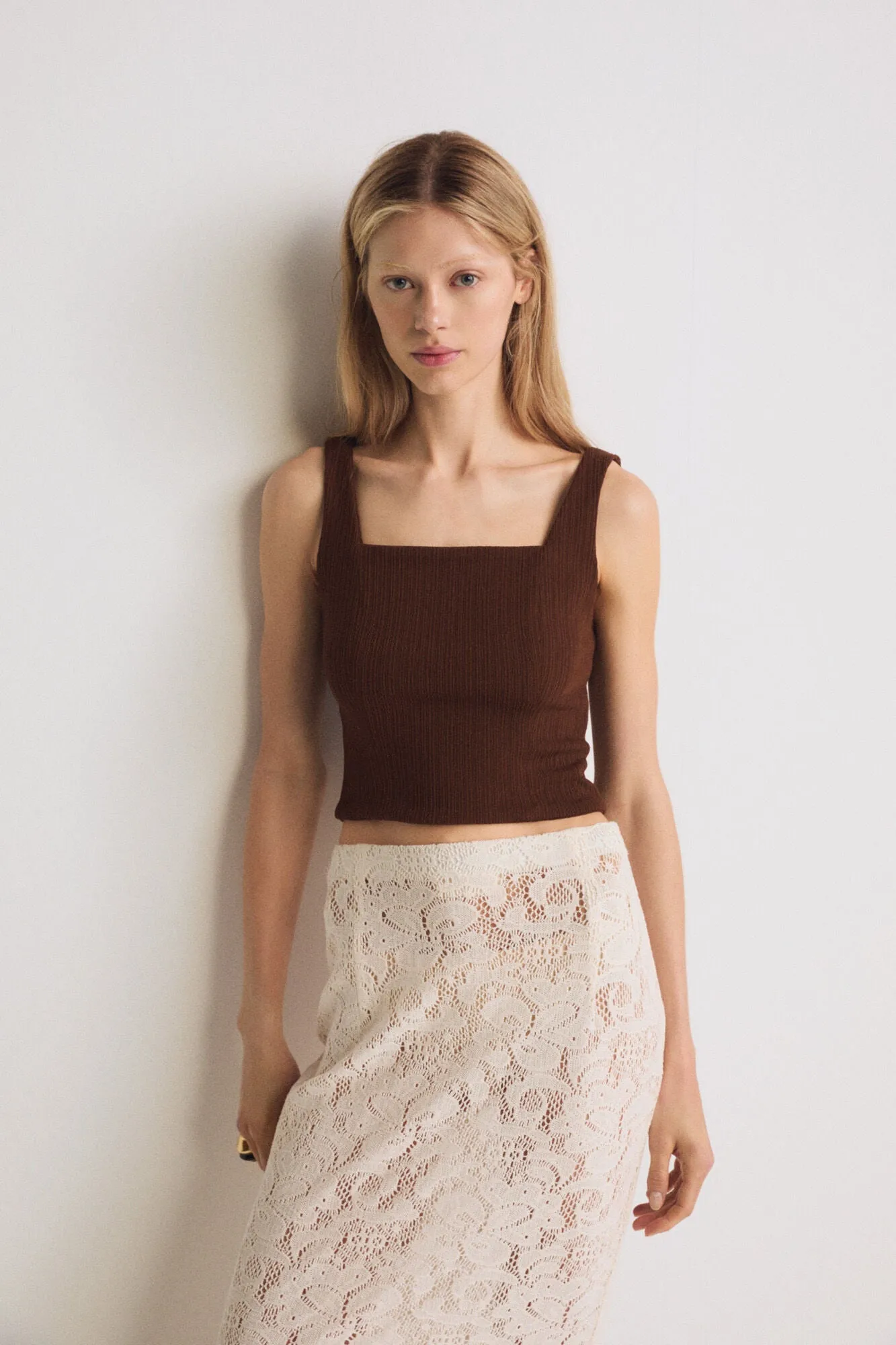 Ecru Crochet Slim Fit Long Skirt