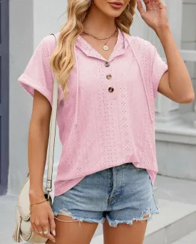 Hooded Button-Down Loose T-Shirt Pink