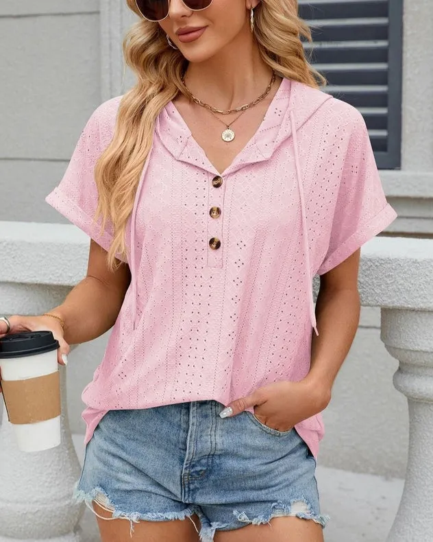 Hooded Button-Down Loose T-Shirt Pink