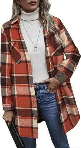 HOTOUCH Womens Flannel Plaid Shacket Jacket Casual Lapel Button Down Tartan Trench Coat Long Sleeve Shirts with Pockets