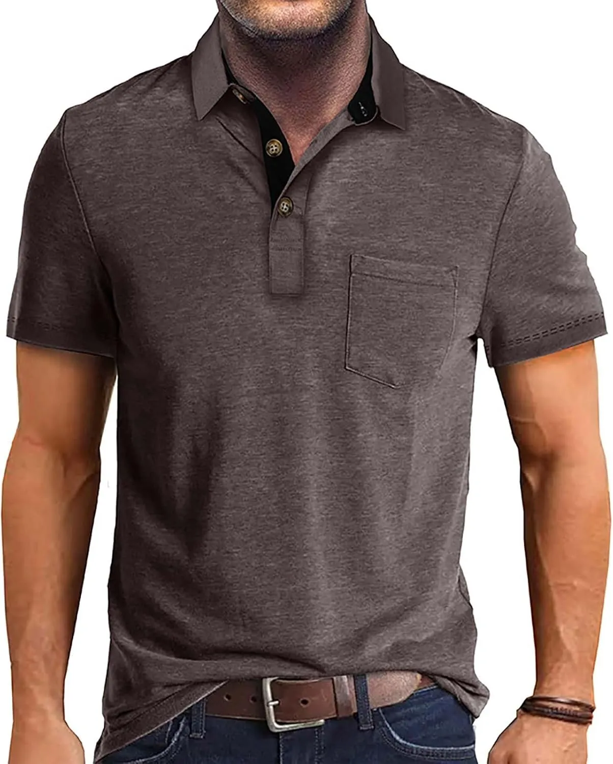 HXHYQKP Men's Polo Shirts Summer Short Sleeve Casual 3 Button T-Shirts Classic Basic Golf Work Tees Tops with Pocket
