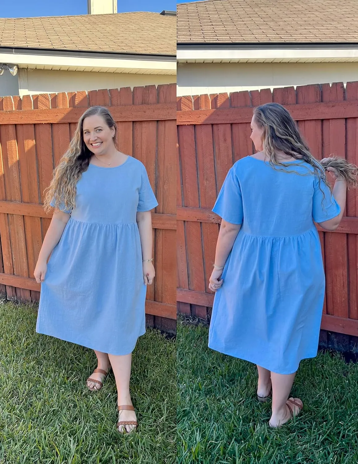 IN'VOLAND Plus Size Cotton Linen Dresses for Women Short Sleeve Summer Midi Dress with Pockets