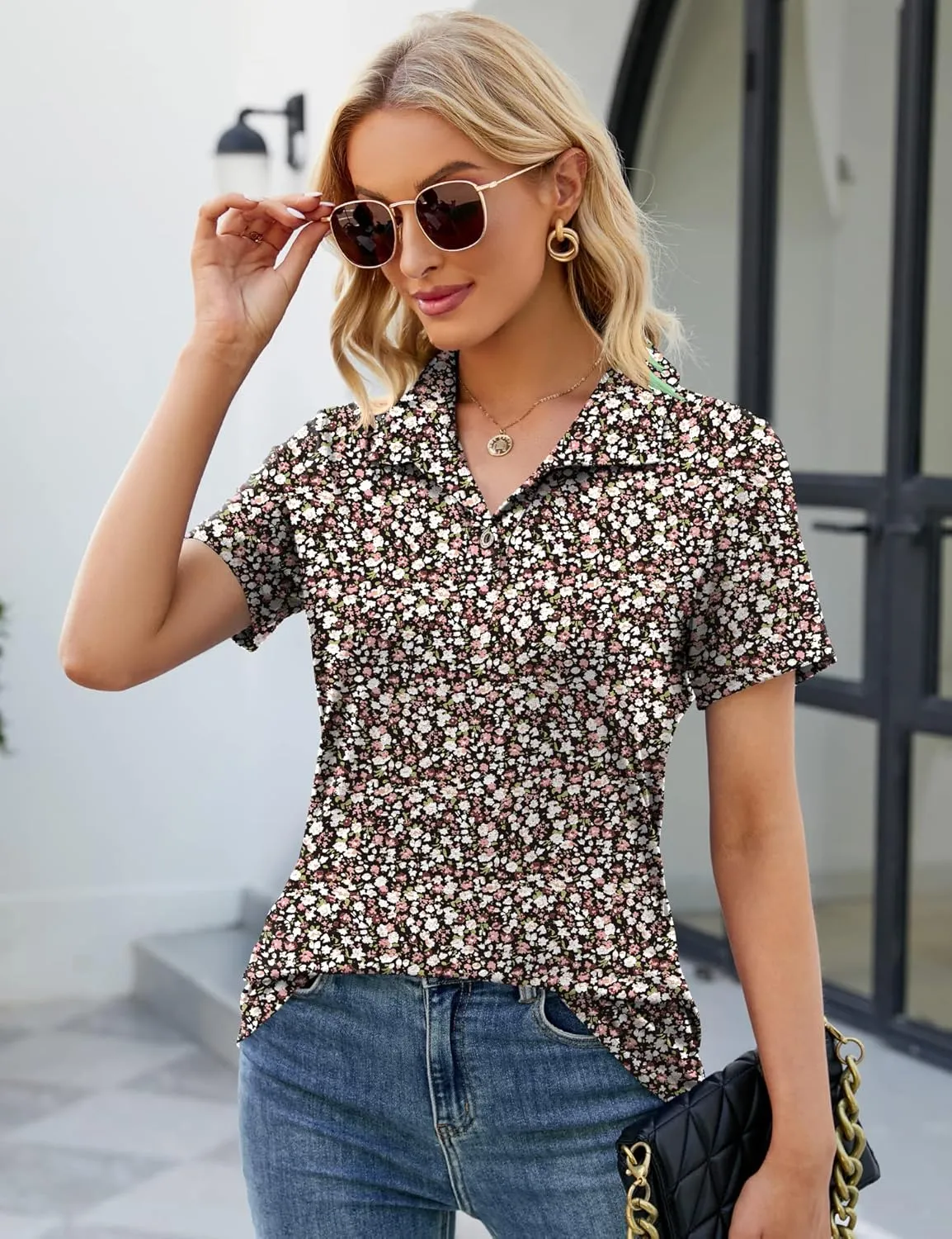 Ivicoer Womens V Neck Short Sleeve Polo Shirts Button Down Collared Tops Work Tunic Blouses Business Casual