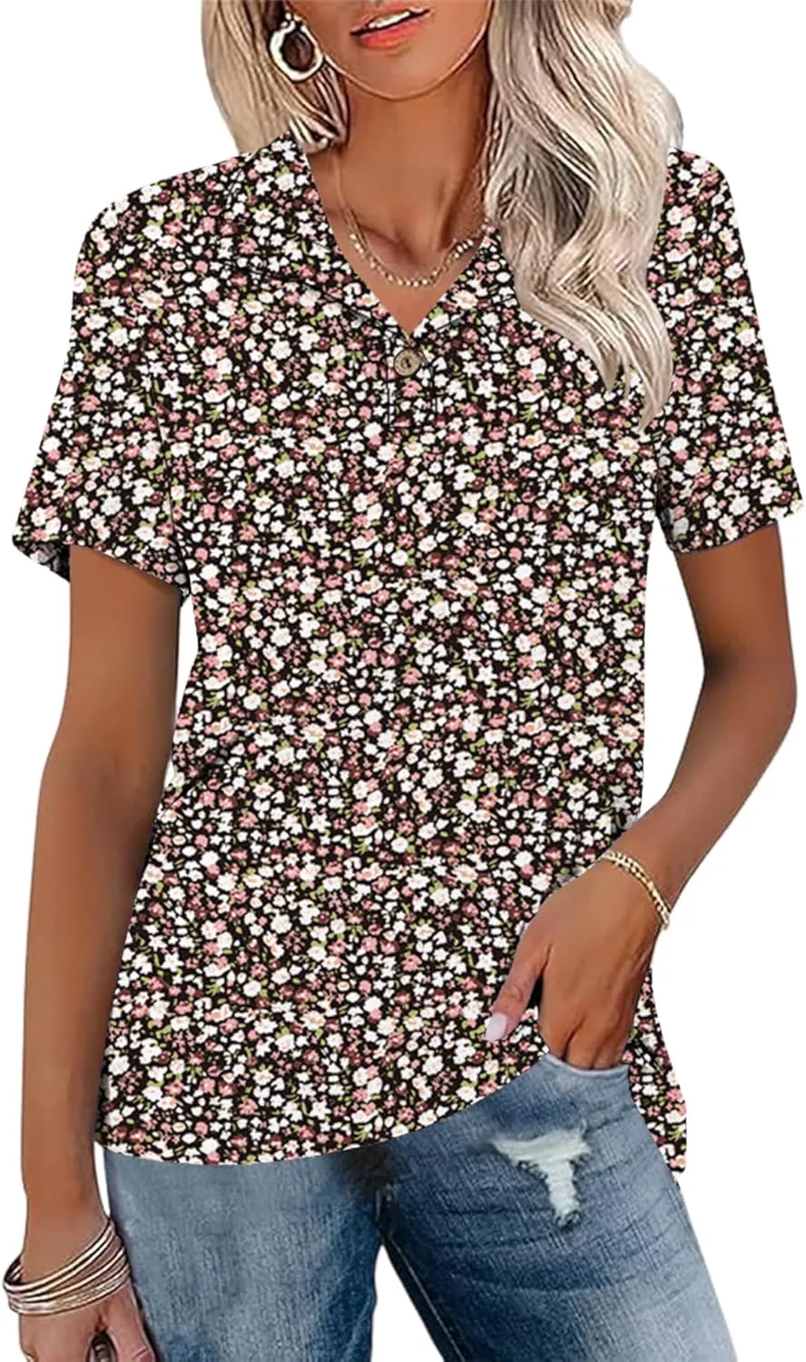 Ivicoer Womens V Neck Short Sleeve Polo Shirts Button Down Collared Tops Work Tunic Blouses Business Casual