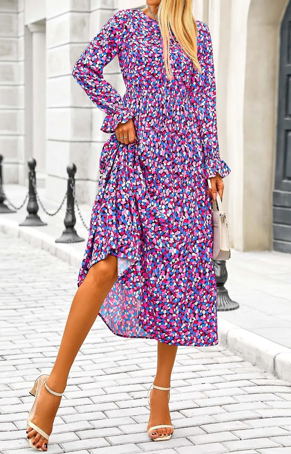 KIRUNDO Womens Spring Dresses Long Sleeve Midi Dress Boho Floral Print Crewneck Casual Wedding Guest Dress with Pockets