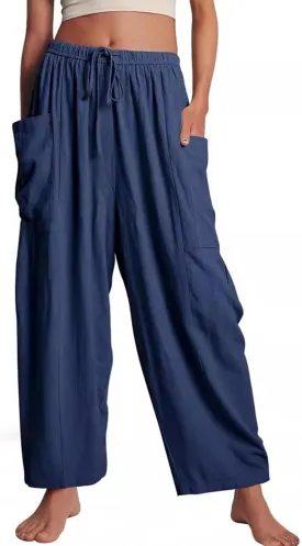 Kissonic Womens Wide Leg Pants Casual Loose Drawstring Flowy Summer Beach Palazzo Harem Pants with Pockets