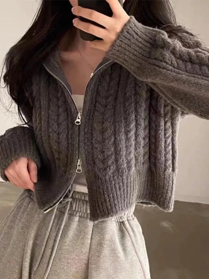 LANFUBEISI - Twist Double Zipper Design Short Cardigan
