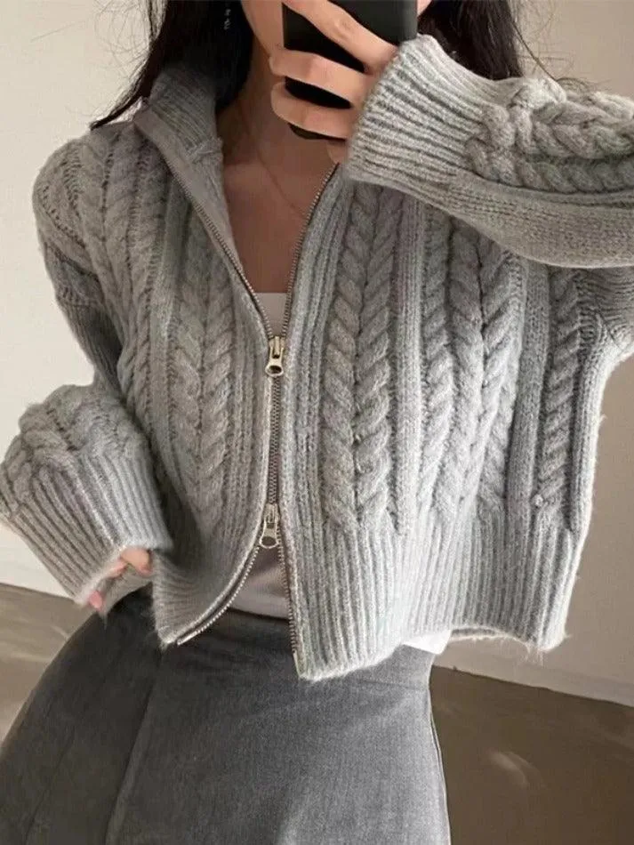 LANFUBEISI - Twist Double Zipper Design Short Cardigan