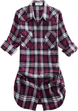 Match Womens Button Down Flannel Plaid Shirts roll up Long Sleeve Shackets Business Blouse Top